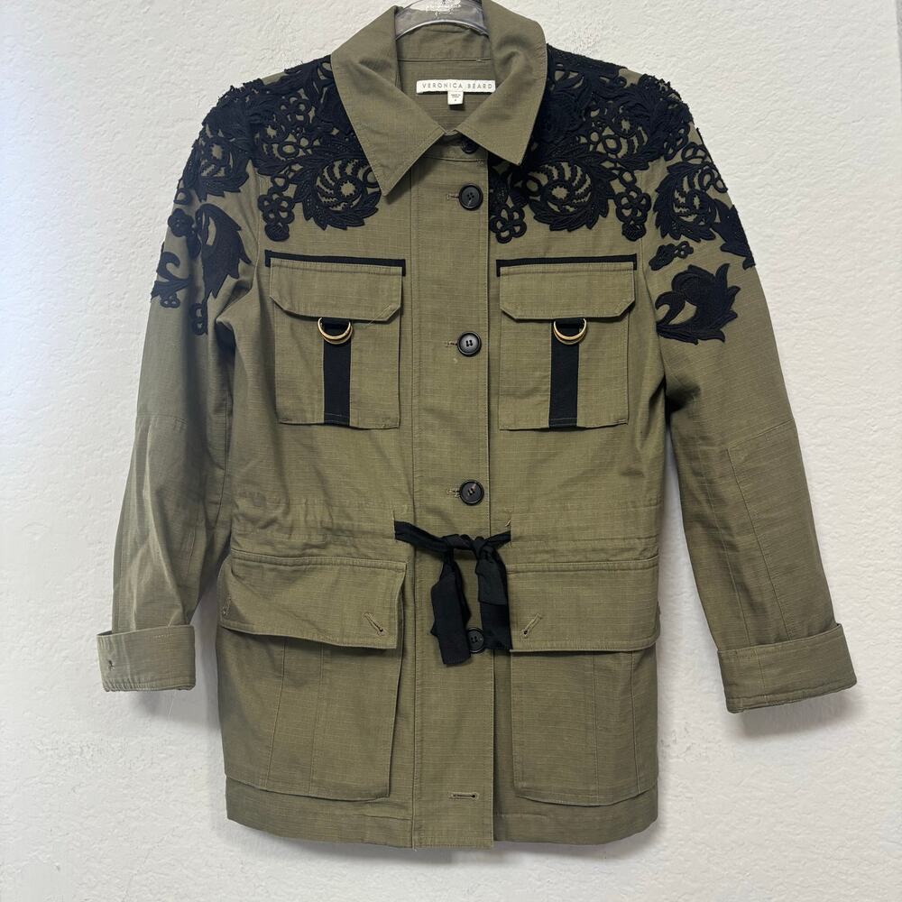 Veronica Beard Heritage Utility Jacket with Lace Army Green Size 4 - Picture 2 of 7